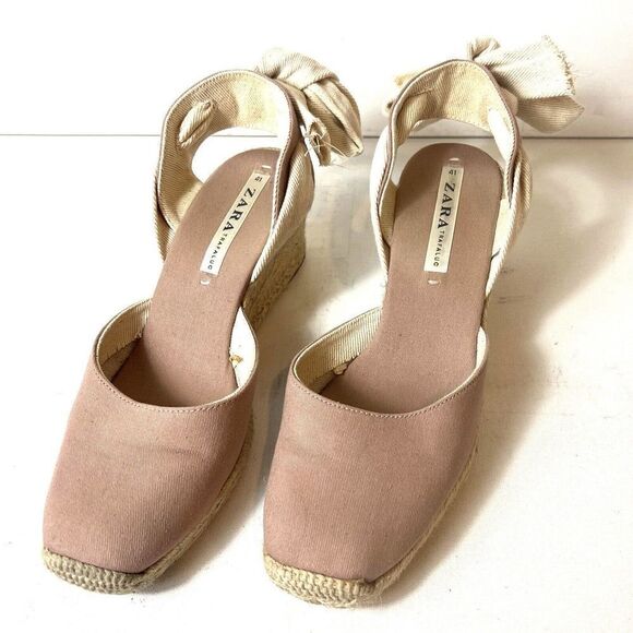Zara Trafaluc Tan Dusty Rose Espadrille Tie Up Wedges Womens Sz EU 41 US 10-10.5 - Picture 3 of 11